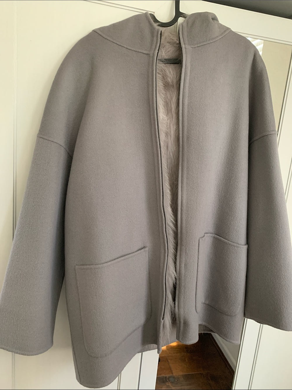 Light Gray Hooded Wool Coat with Faux Fur Trim
